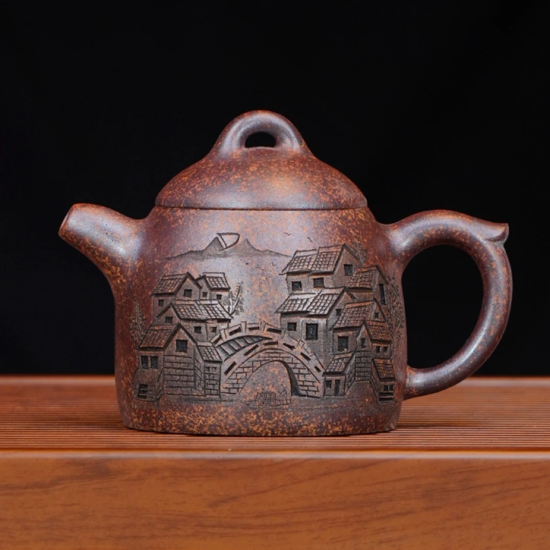 宜兴全手工原矿茶具正宗天星泥柴烧浮雕江南古韵高端秦权紫砂壶