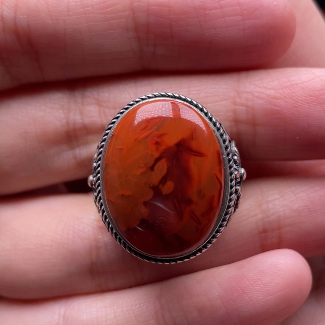 南红玛瑙银S925镶嵌珠宝奇石戒指