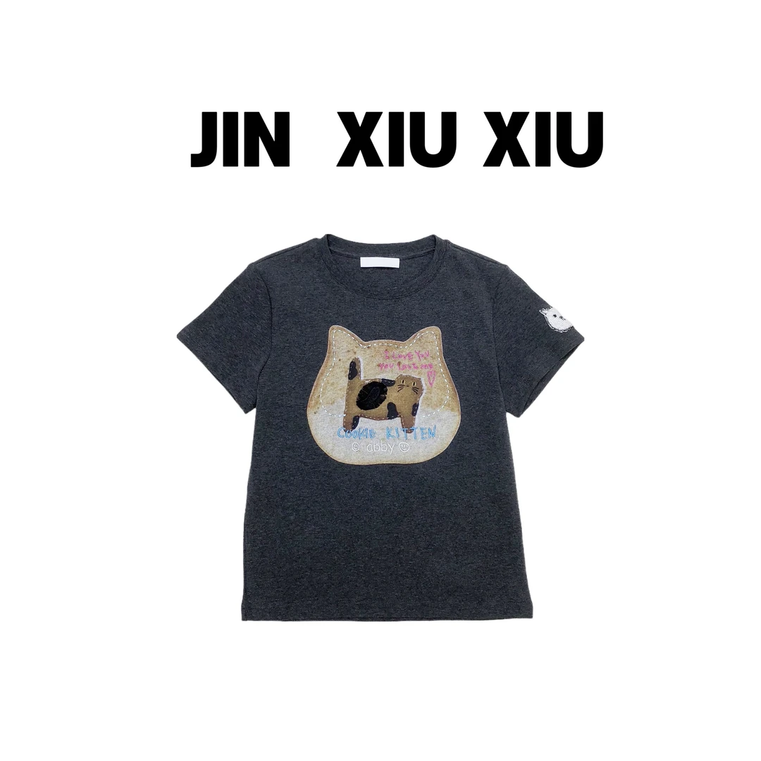 JINXIUXIU春夏新款修身可爱炸毛的小猫圆领韩系甜美短袖T恤 705