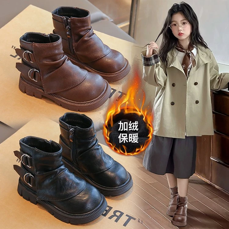 ABC女童短靴2025秋冬新品韩版防滑马丁靴皮靴休闲英伦风单加绒靴