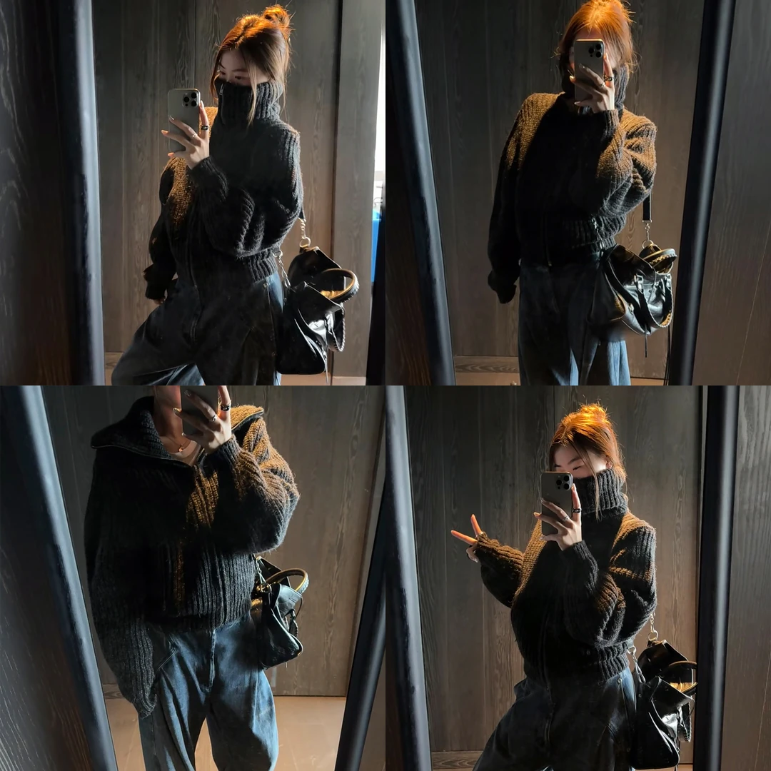 立领宽松慵懒韩系女氛围纯色粗线毛织小个子高个子毛衣外套