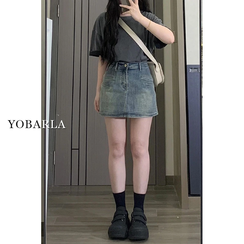 YOBARLA复古蓝高腰牛仔短裙女春季高腰大码显瘦梨形身材a字半身裙