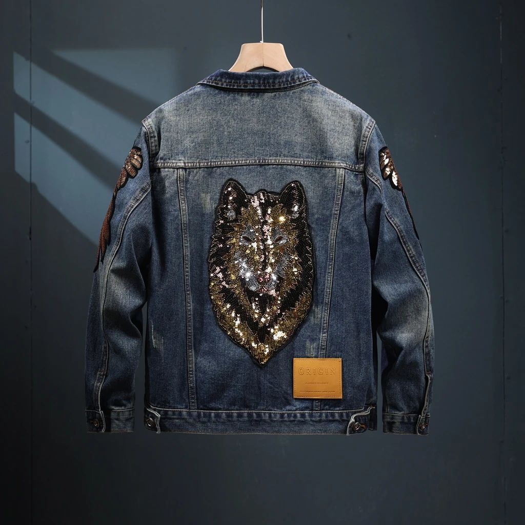 WEBUNSAPET维比萨玻春秋款亮片刺绣牛仔外套男装翻领牛仔衣夹克