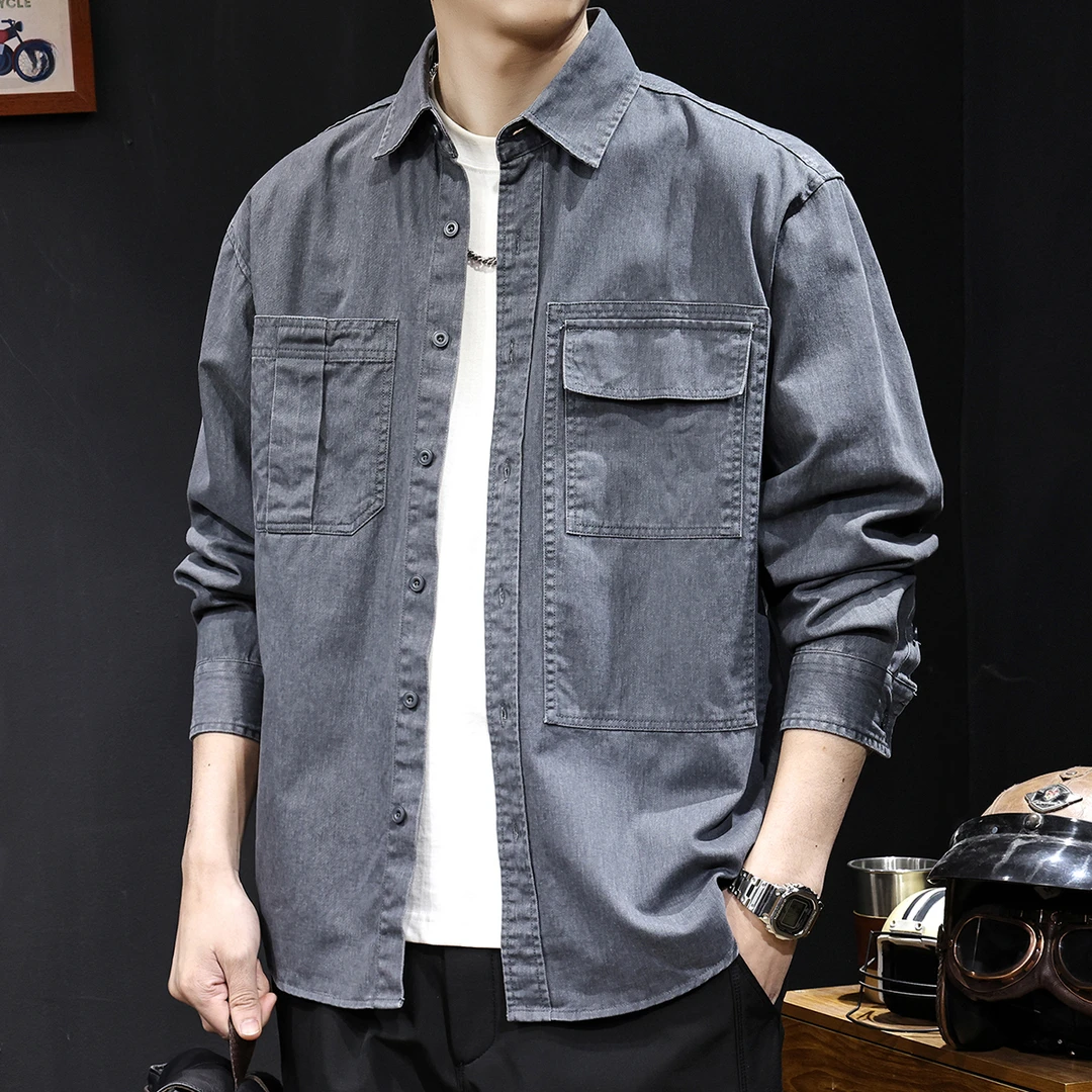 竹节纹理工装长袖衬衫男士2025春季新款潮流休闲百搭宽松大码外套