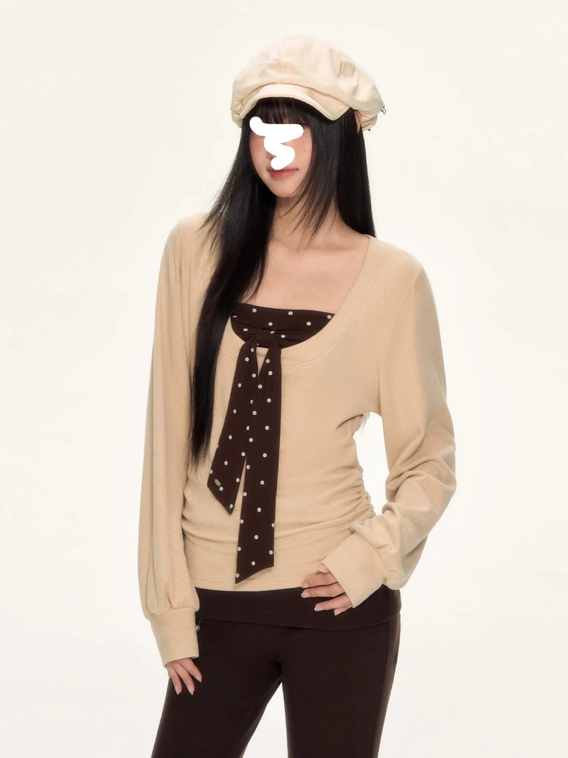 波点蝴蝶结抹胸罩衫两件套上衣女长袖打底衫