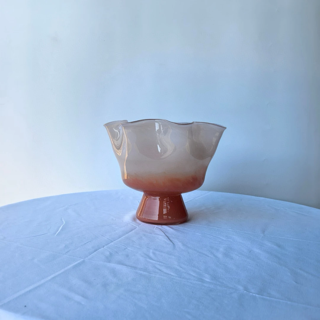 中古手工琉璃花瓶复古褶皱花边北欧设计家居装饰客厅摆件