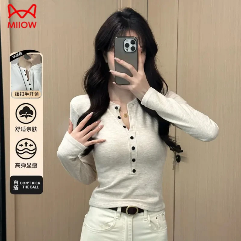 猫人秋冬新款美式辣妹亨利领加绒保暖高级感修身百搭打底衫女内搭
