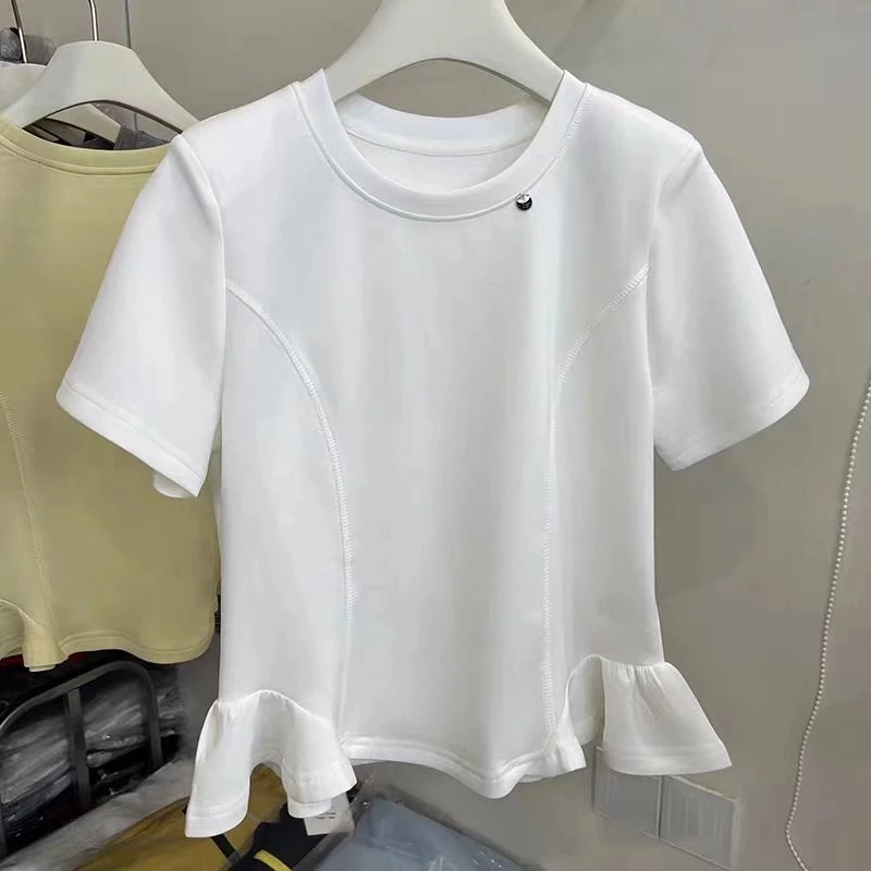 【花花定制】荷叶边短袖T恤女春款2025新款设计感百搭上衣