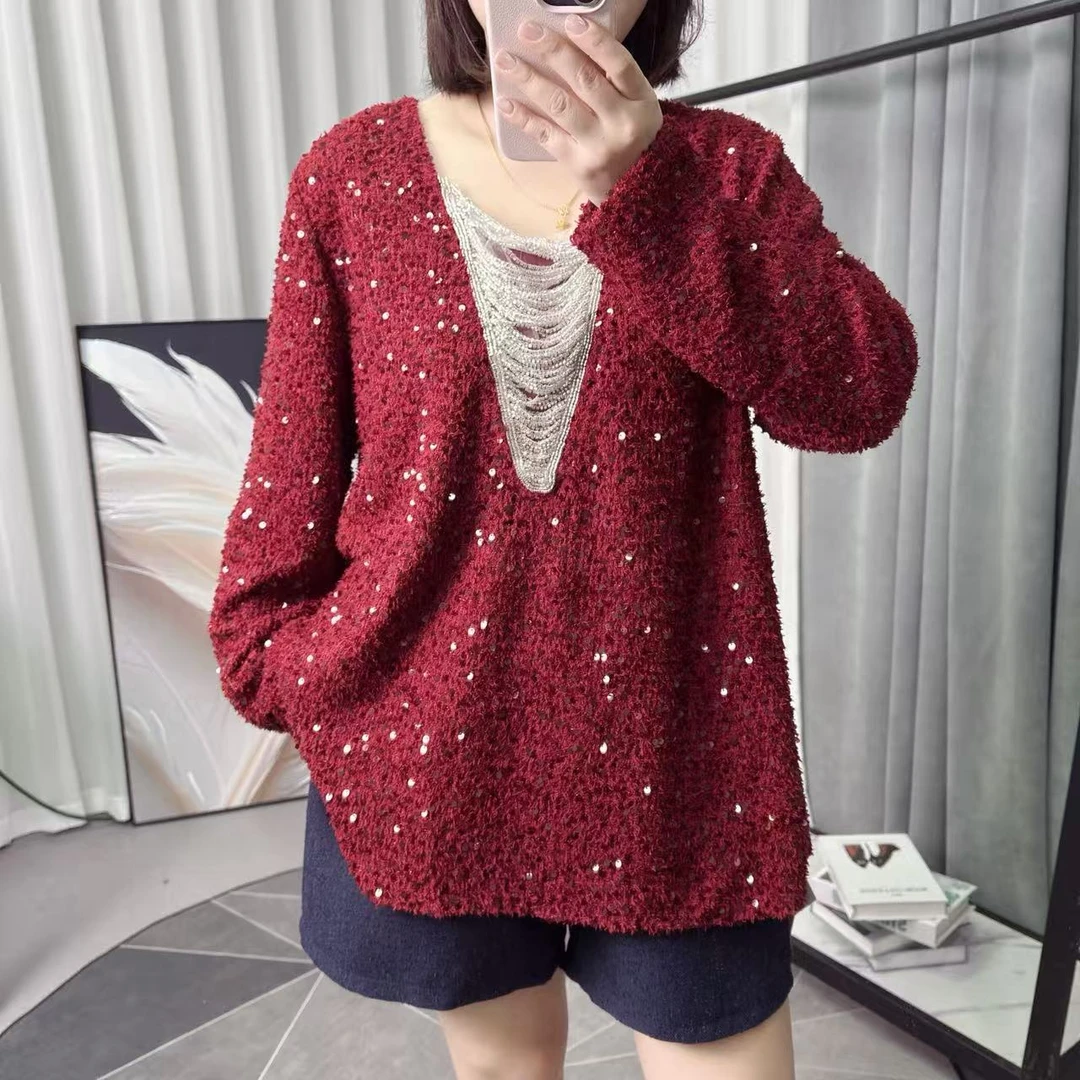 【妃儿红】26春季新款亮片宽松上衣重工时尚减龄-5093