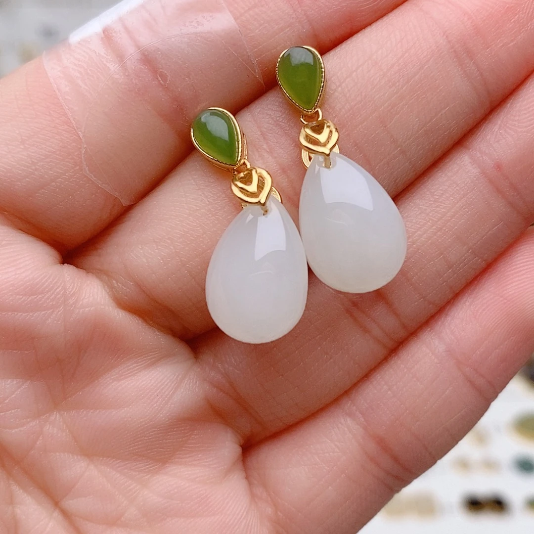 和田玉银S925镶嵌耳饰