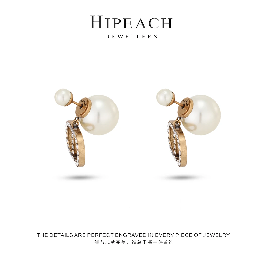 铜合金仿珍珠耳饰 镀K金天天双珠镶钻雅丹耳钉HTMY0026