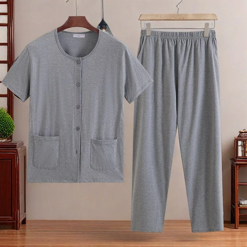 老年短袖家居服套装睡衣老人纯棉老年人老人薄款开衫爷爷