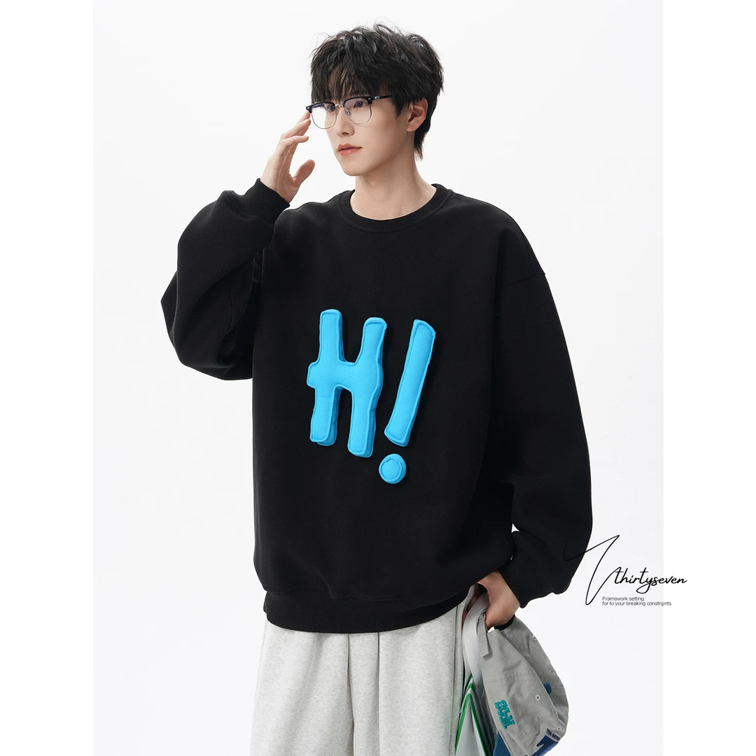 V37设计感立体贴布装饰情侣卫衣男秋季美式oversize圆领休闲上衣