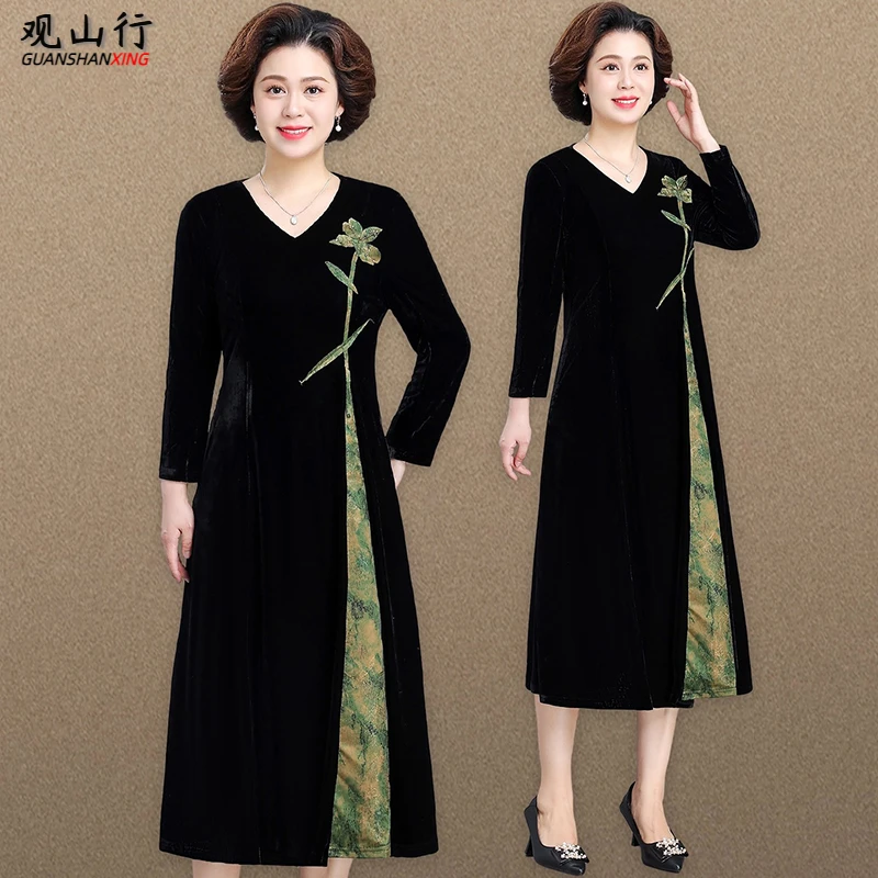 新中式妈妈秋装高腰连衣裙气质高贵中老年人女春秋长袖金丝绒裙子