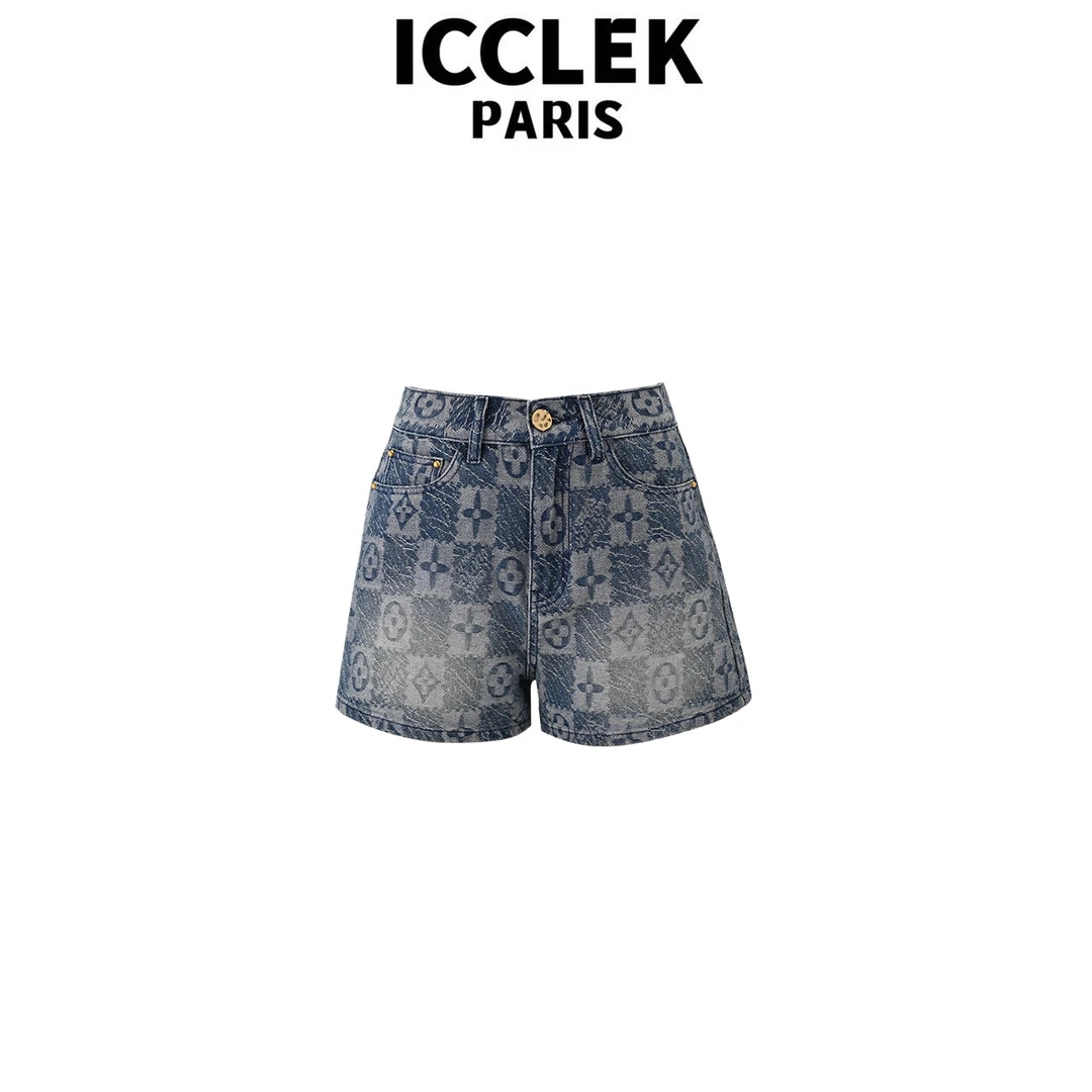 ICCLEK 夏季休闲蓝色百搭减龄短裤宽松修身气质通勤时 尚 -1281-1