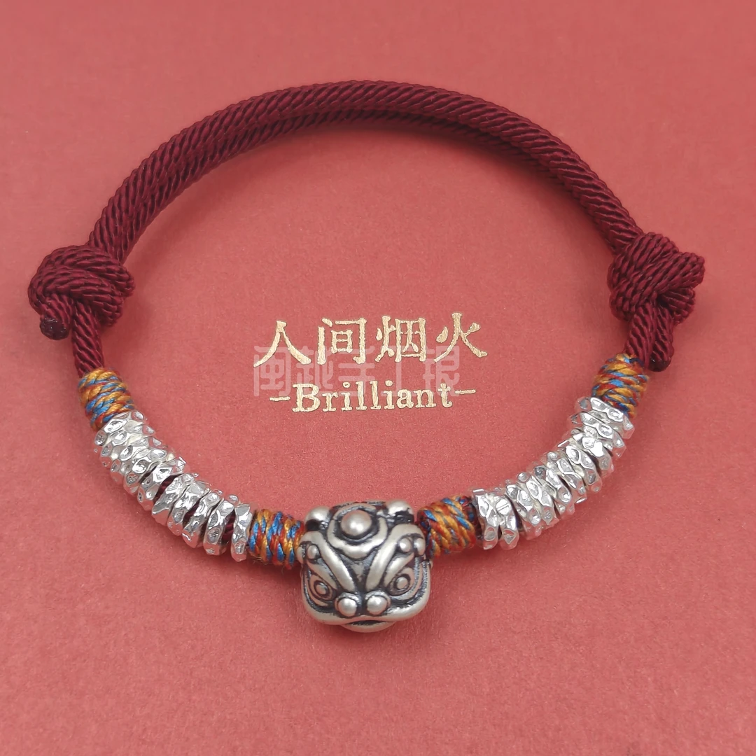 足银手链 醒狮足银999手链男女款手工编织复古纯银狮子头宝宝红绳