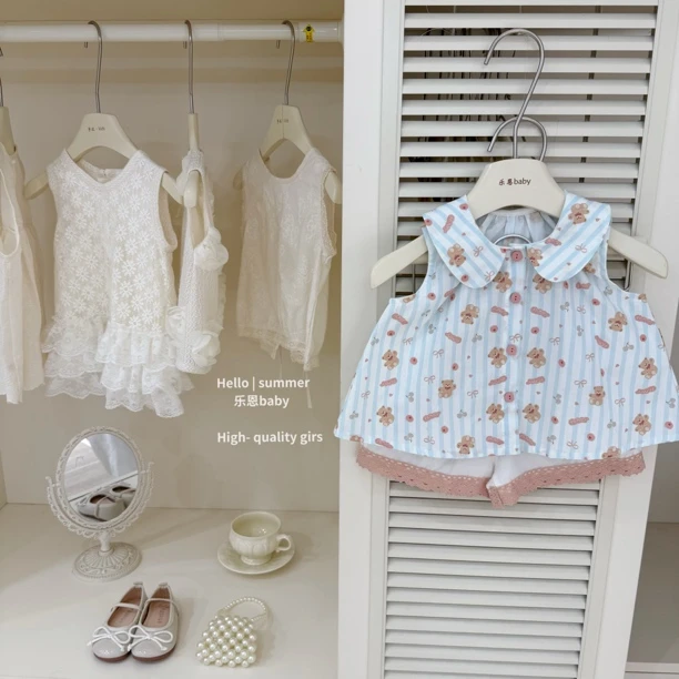 【乐恩童装】原创高级感女童夏季薄款小熊背心衬衫短裤洋气两件套