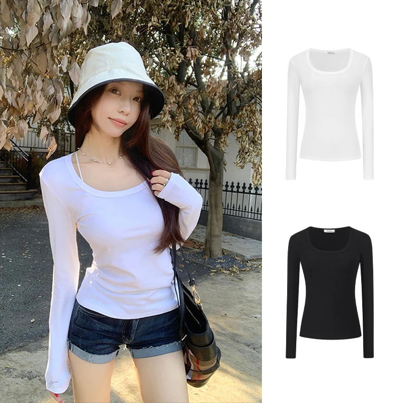 Moses Queen/魔西女王纯欲方领正肩长袖T恤修身掐腰显瘦打底衫