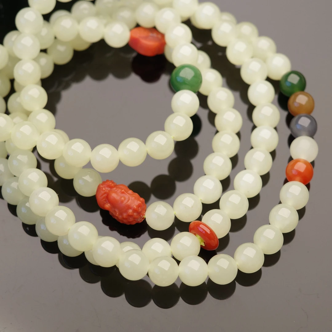 琐云|天然和田玉配南红多宝念珠手串 YQ20463