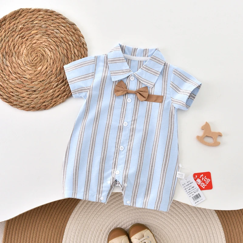 婴儿夏季衣服短袖绅士男宝宝纯棉透气连体礼服新生儿满月百天哈衣