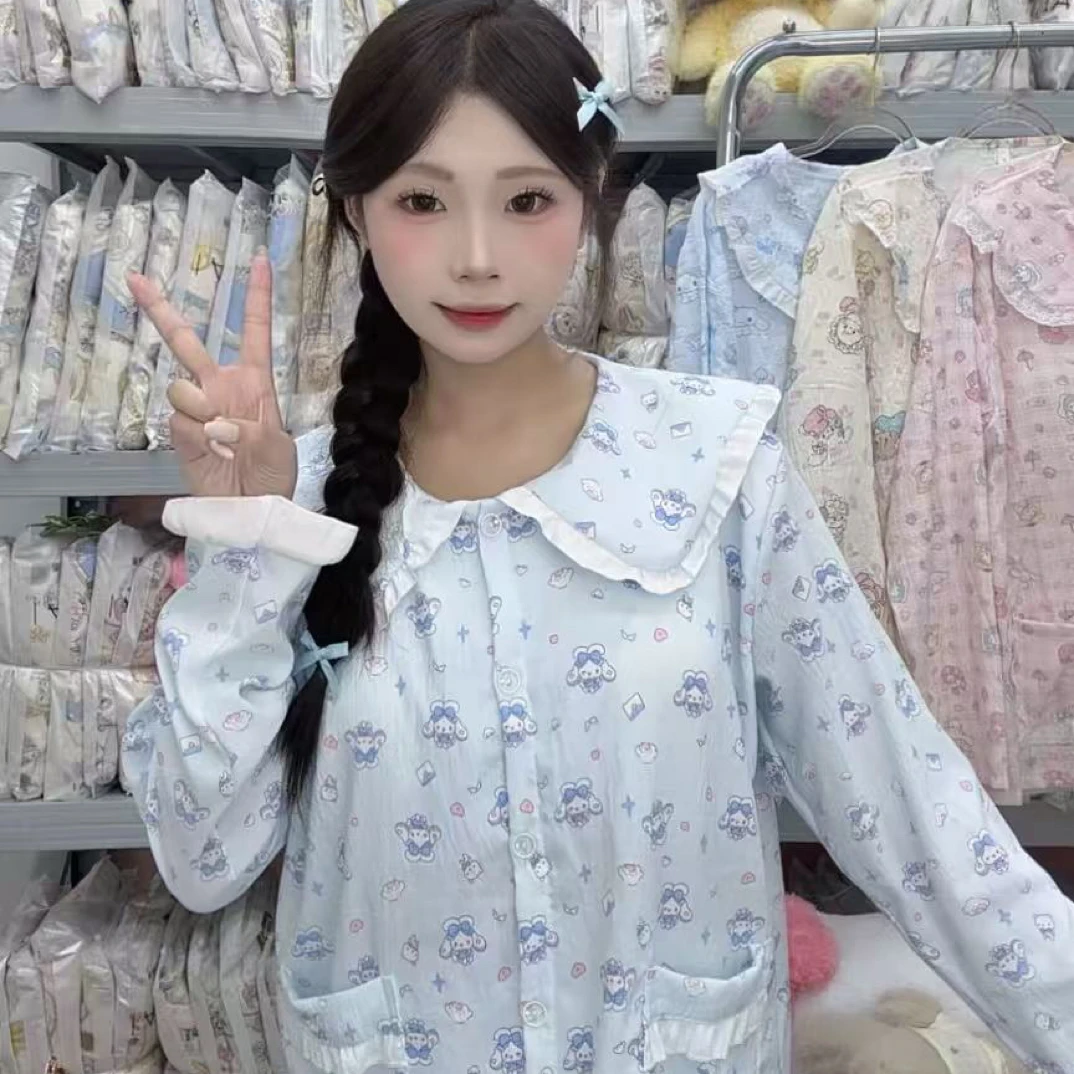 可爱日系ins娃娃领睡衣女秋季带胸垫长袖长裤卡通玉桂狗家居服