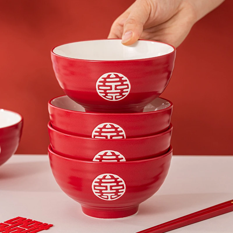 釉下彩哑光结婚喜庆陶瓷红碗筷勺过年碗喜碗出花园红碗陪嫁乔迁碗