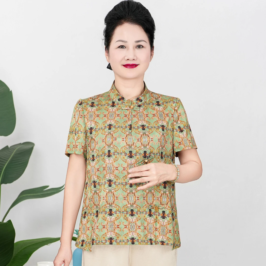 老年夏季加大衬衫小衫妈妈装中老年女装法式圆领国风