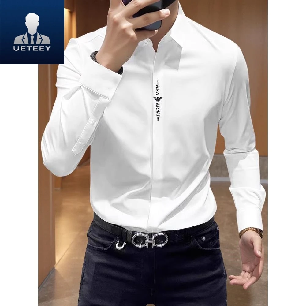 春秋轻奢痞帅男款白色长袖衬衫男士商务休闲修身弹力免烫抗皱衬衣