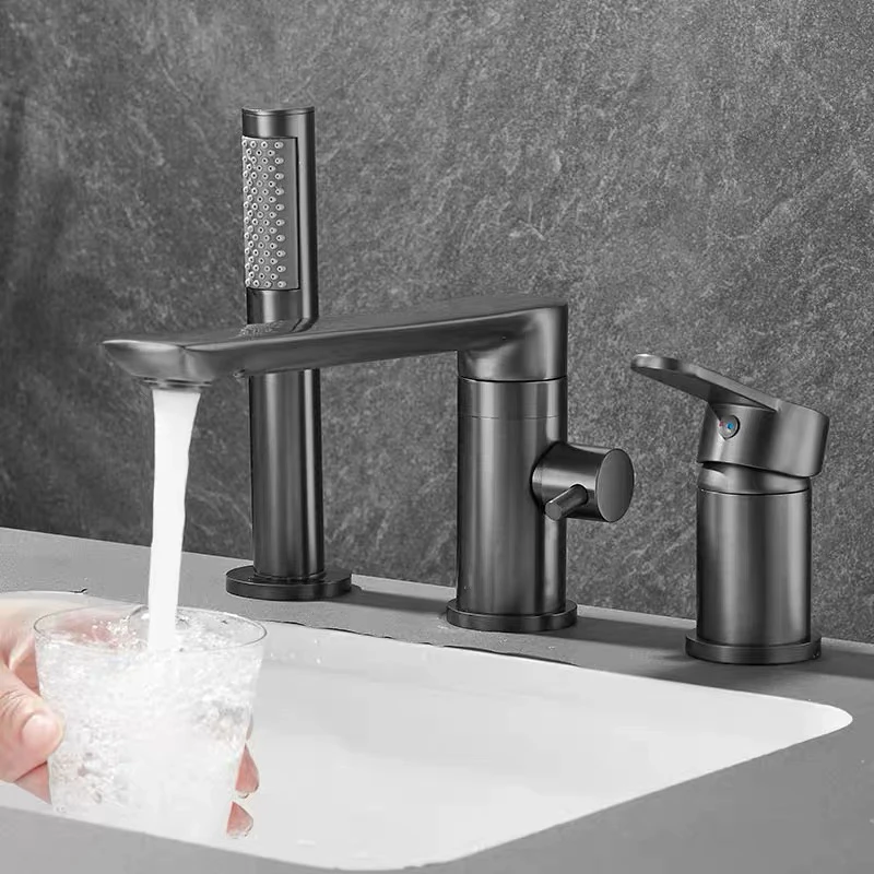 枪灰色全铜分体式浴缸龙头缸边式冷热可旋转三孔水龙头简约