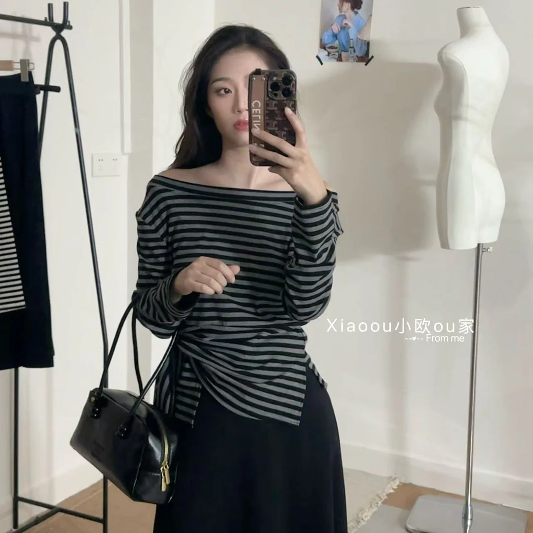 韩系显瘦设计感条纹百变穿搭上衣女秋季新款修身百搭