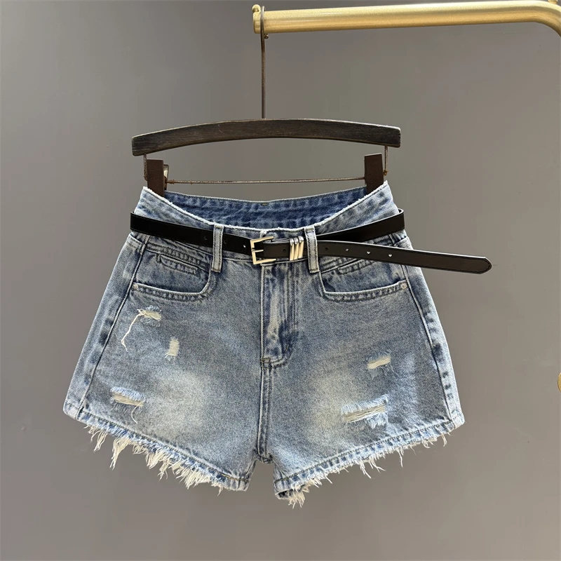 复古浅蓝色破洞毛边牛仔短裤女2025夏季高腰辣妹显瘦百搭阔腿热裤
