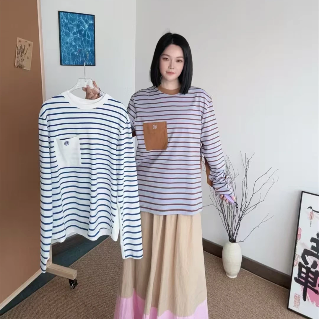 UHOOWU 25春夏新款圆领套头条纹拼接长袖T恤女