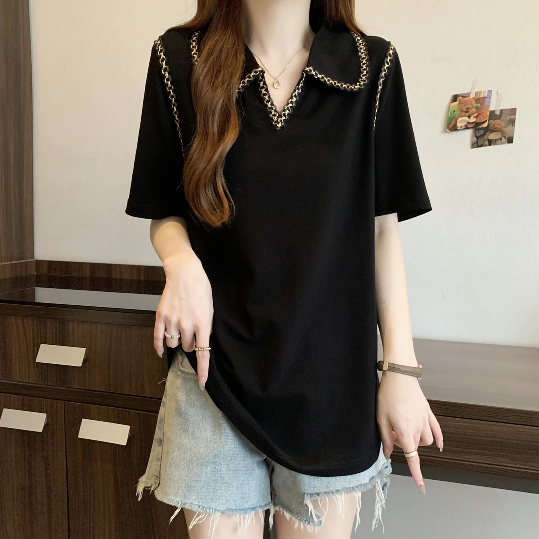 高级感黑色Po领正肩短袖T女夏季大码胖mm遮肚子气质独特上衣