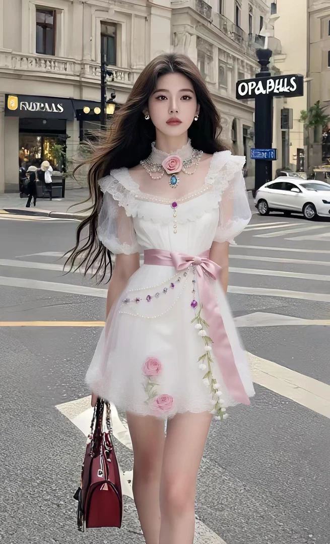 夏季新款甜美千金风白色系带花朵设计感连衣裙女小众时尚高级气质