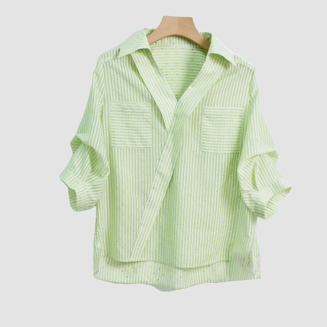【蕊蕊】通勤时尚休闲衬衫条纹上衣衬衣-Y11554