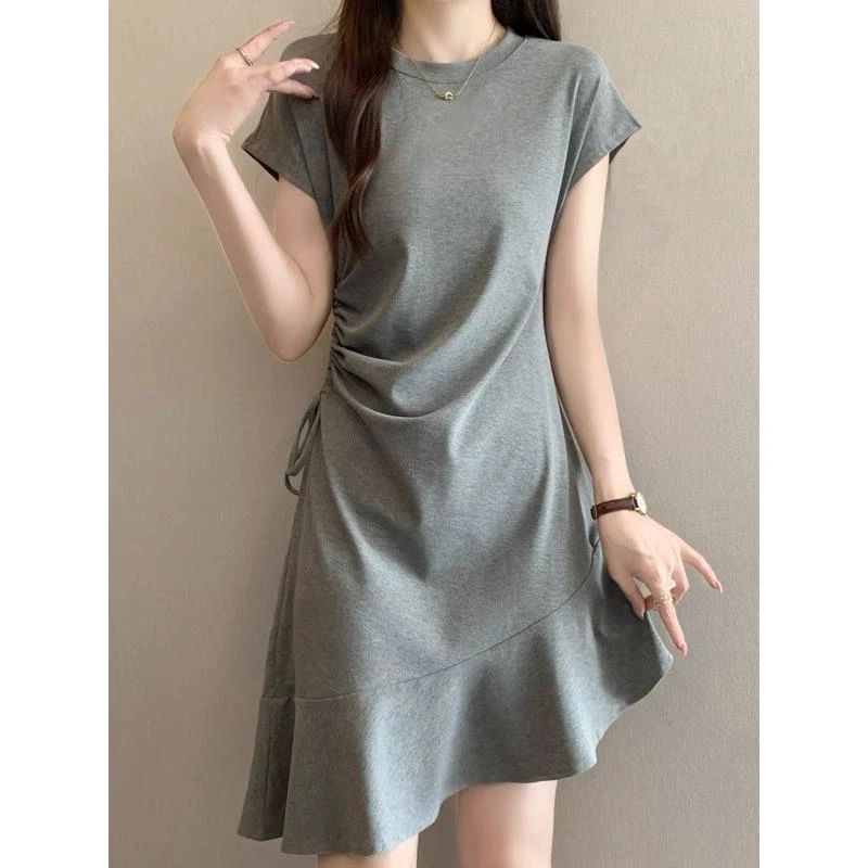 大码女装夏季飞飞短袖连衣裙胖mm收腰不规则a字荷叶边抽绳t恤裙子