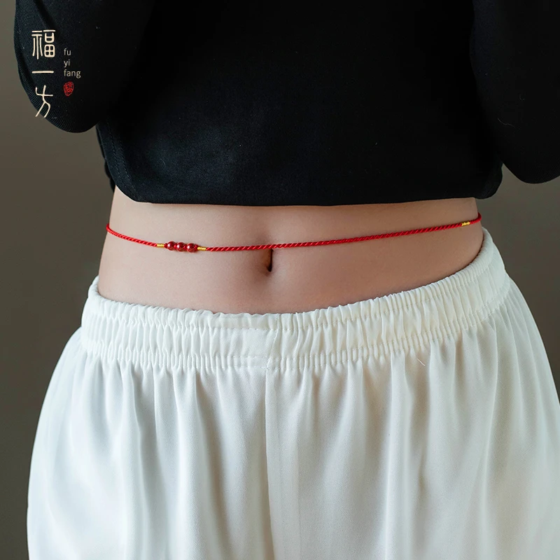 天然辰砂蛇年本命年红绳腰链可调节手工编织腰绳送女友礼物