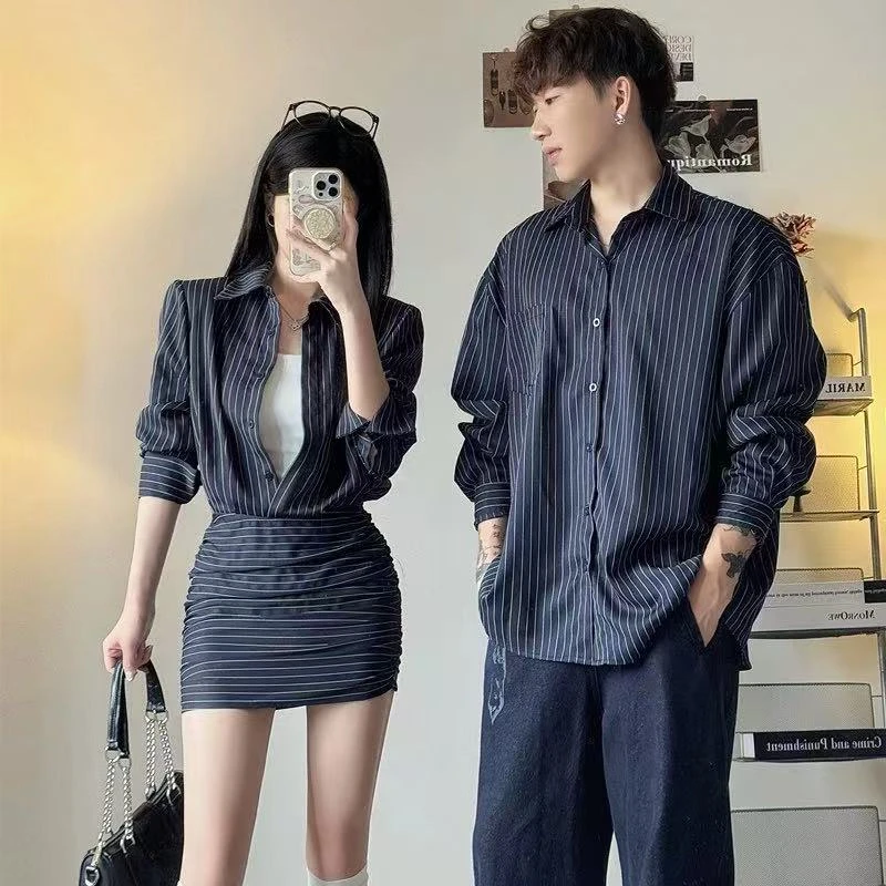 【两件装】情侣装秋季一裙一衣韩版气质修身条纹长袖衬衫连衣裙男女
