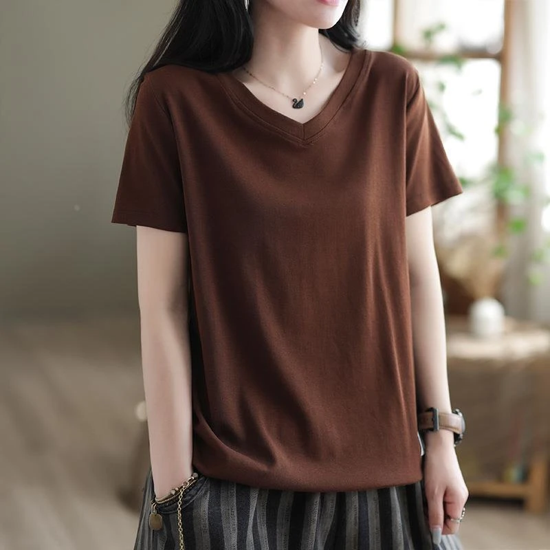 夏季新款穿搭V领贴标宽松大码胖MM遮肚短袖洋气减龄上衣女