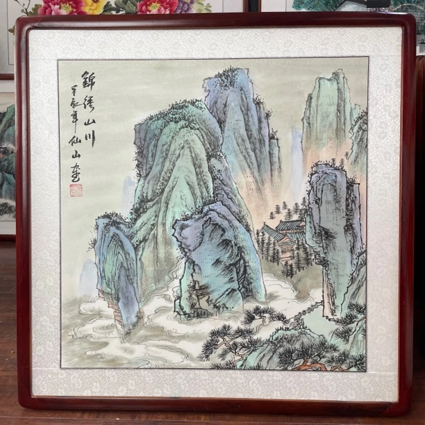 【手绘国画】带框青绿山水画斗方餐厅玄关书房茶室办公室仿古挂画