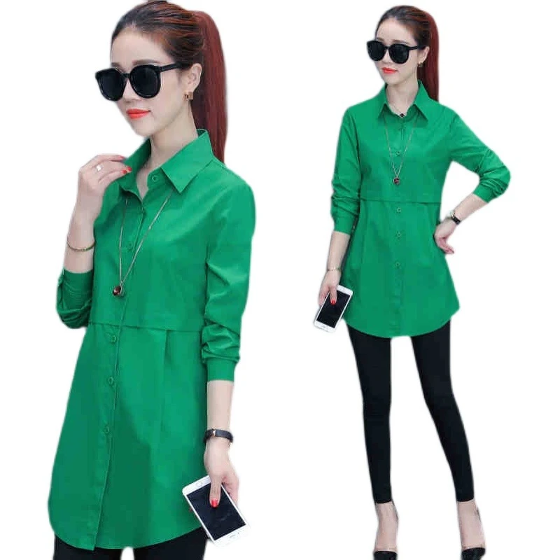 女士中长款纯色长袖衬衫韩版宽松休闲百搭上衣