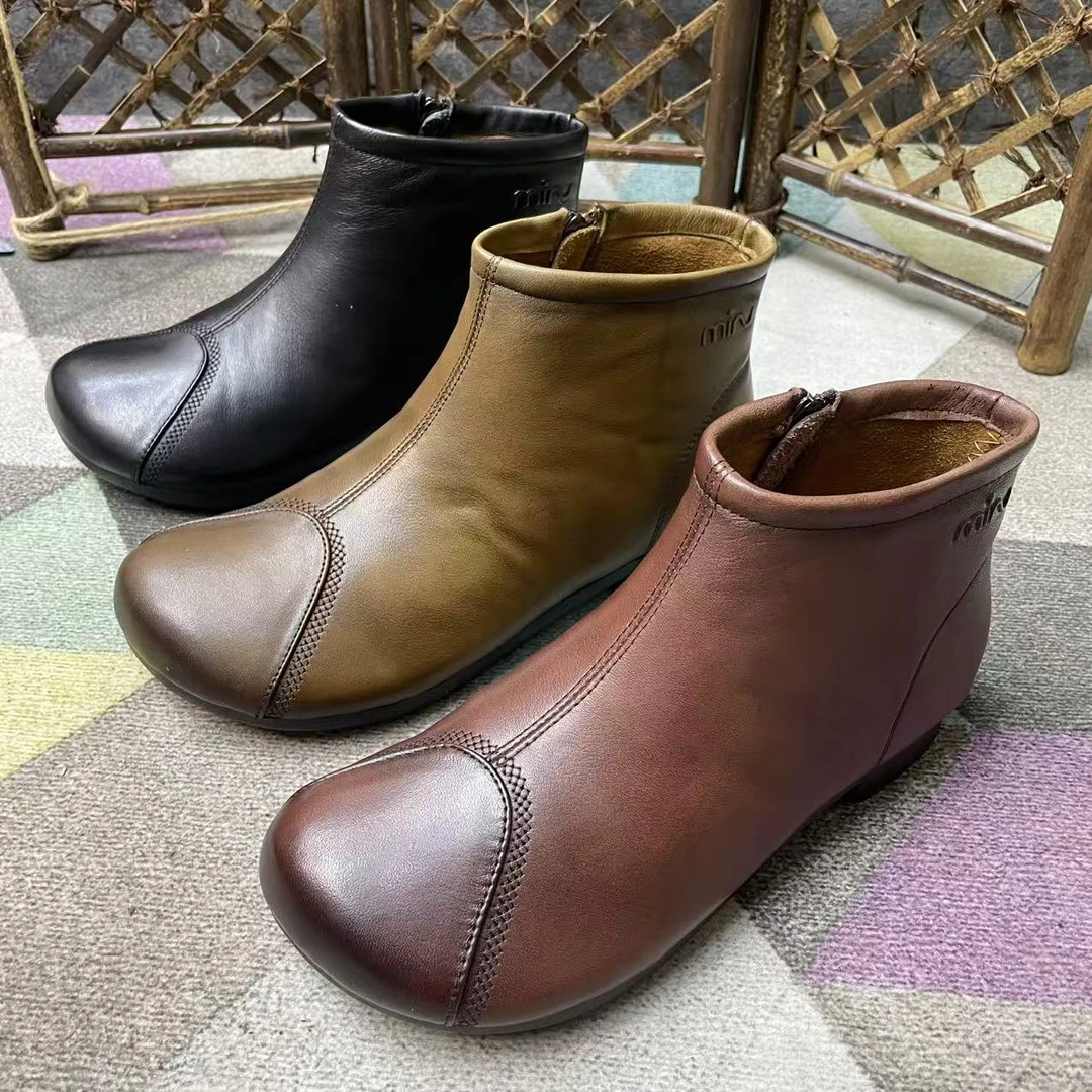 6693秋冬季牛皮平底耐磨防滑圆头复古舒适百搭女士短靴软底时尚