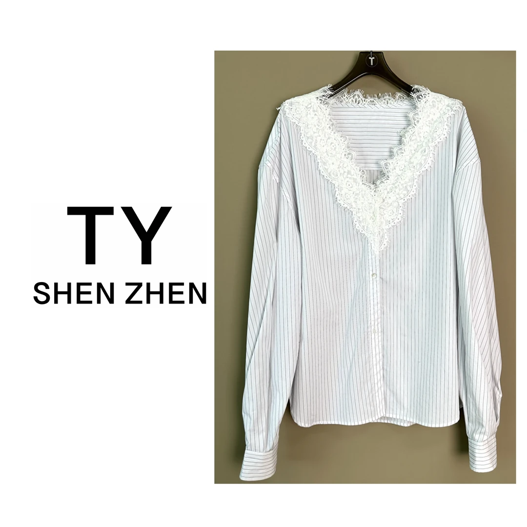 【深圳TY女装】25年春夏新款蕾丝边条纹衬衣轻奢时尚长袖衬衫