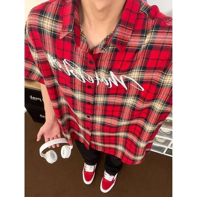 美式复古红色格子衬衫男士短袖高级感刺绣衬衣夏季西海岸宽松上衣
