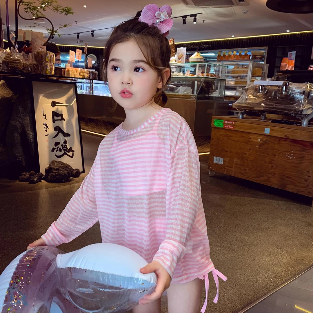 女童泳衣夏装新款儿童海边三件套洋气长袖罩衫女孩分体平角游泳装