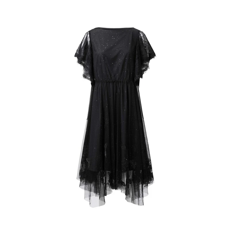 sdeer圣迪奥时尚气质女装复古圆领收腰网纱蕾丝连衣裙S223Z1227