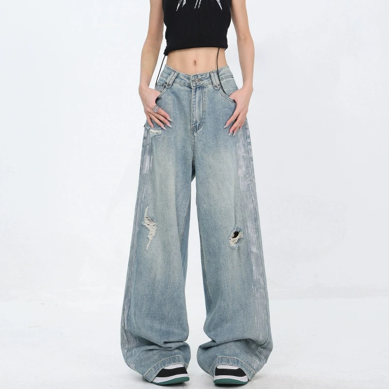【夏季五折】KEN STUDIO直筒破洞水洗牛仔裤女宽松显瘦阔腿裤