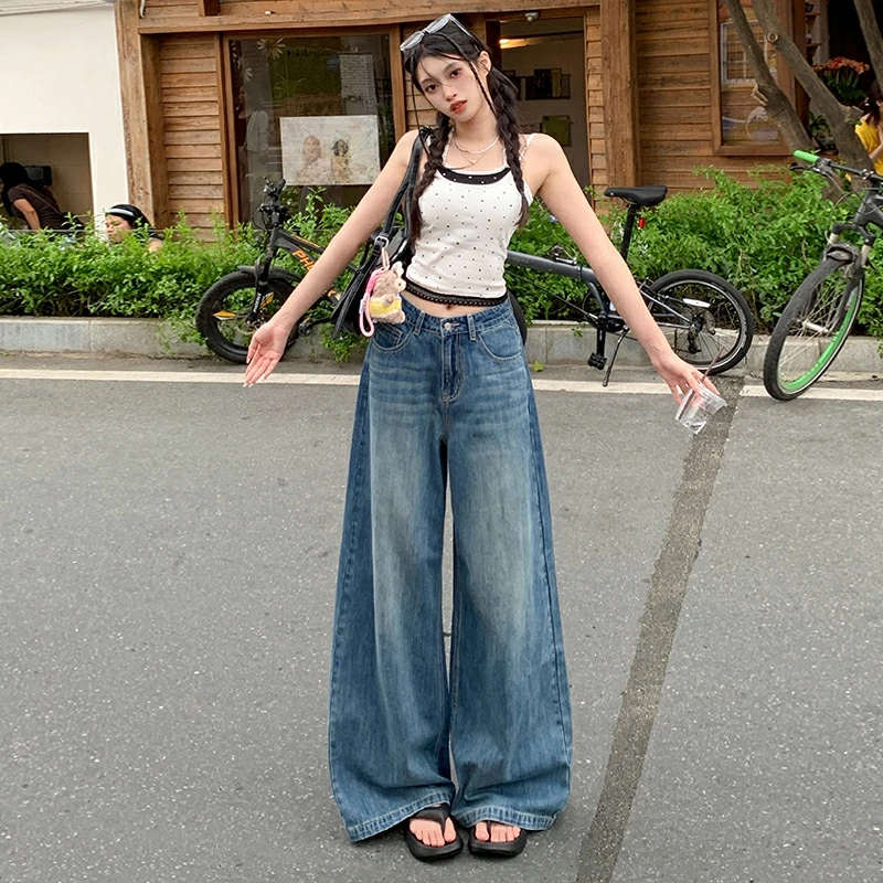 复古蓝阔腿牛仔裤女2025夏季新款高腰宽松显瘦直筒垂坠感拖地长裤