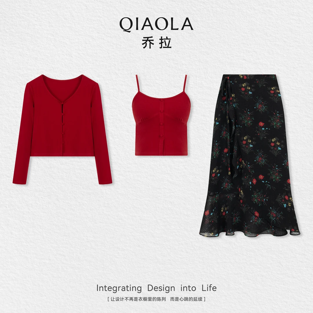 QIAOLA/乔拉【湄拉之舞】秋季针织透气上衣雪纺印花透气半裙预售