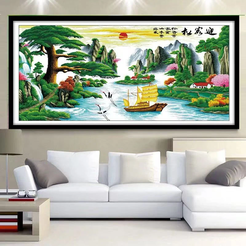 纯手工十字绣成品迎客松190cm×90cm中格